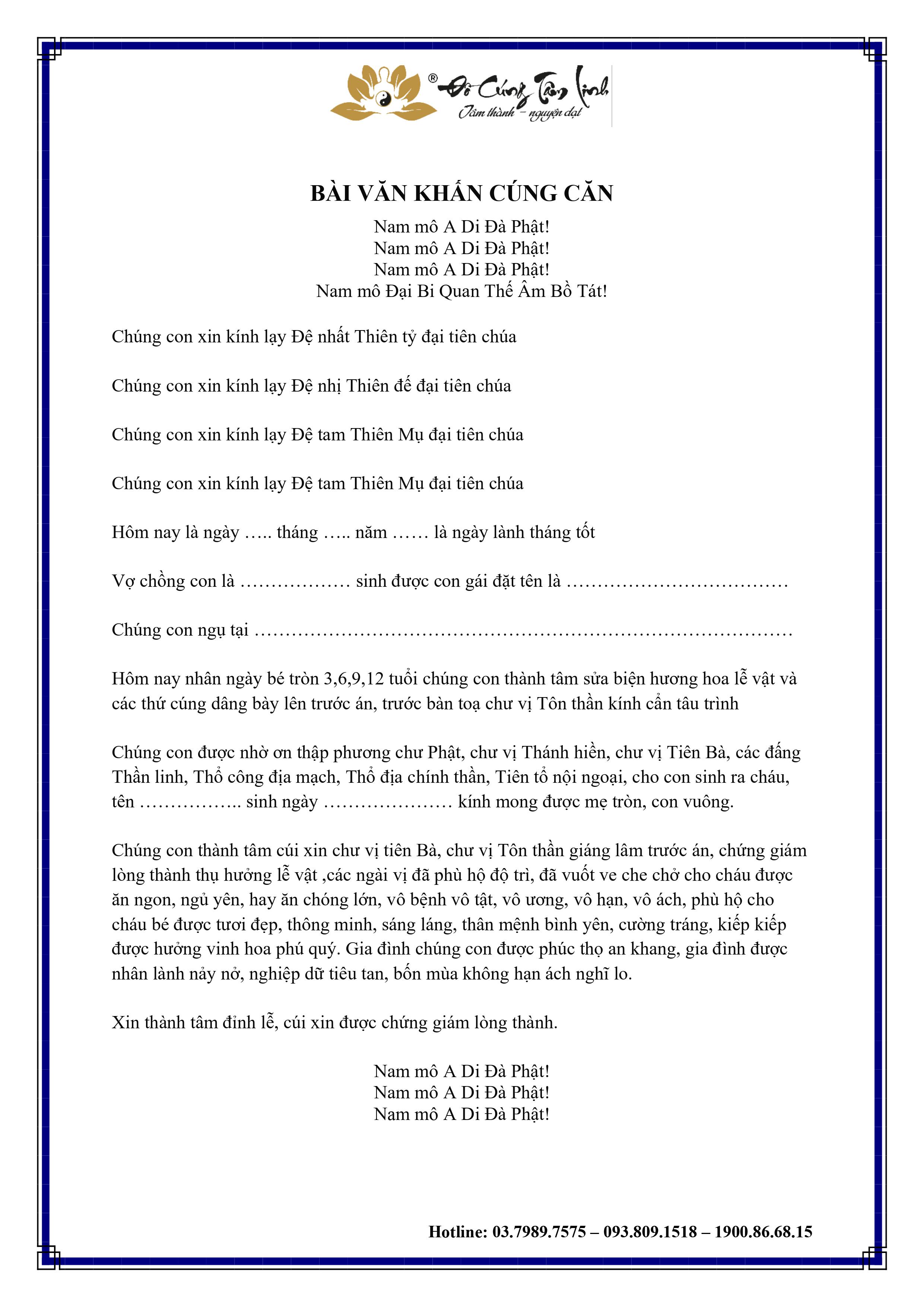 BÀI VĂN KHẤN CÚNG CĂN CHO BÉ