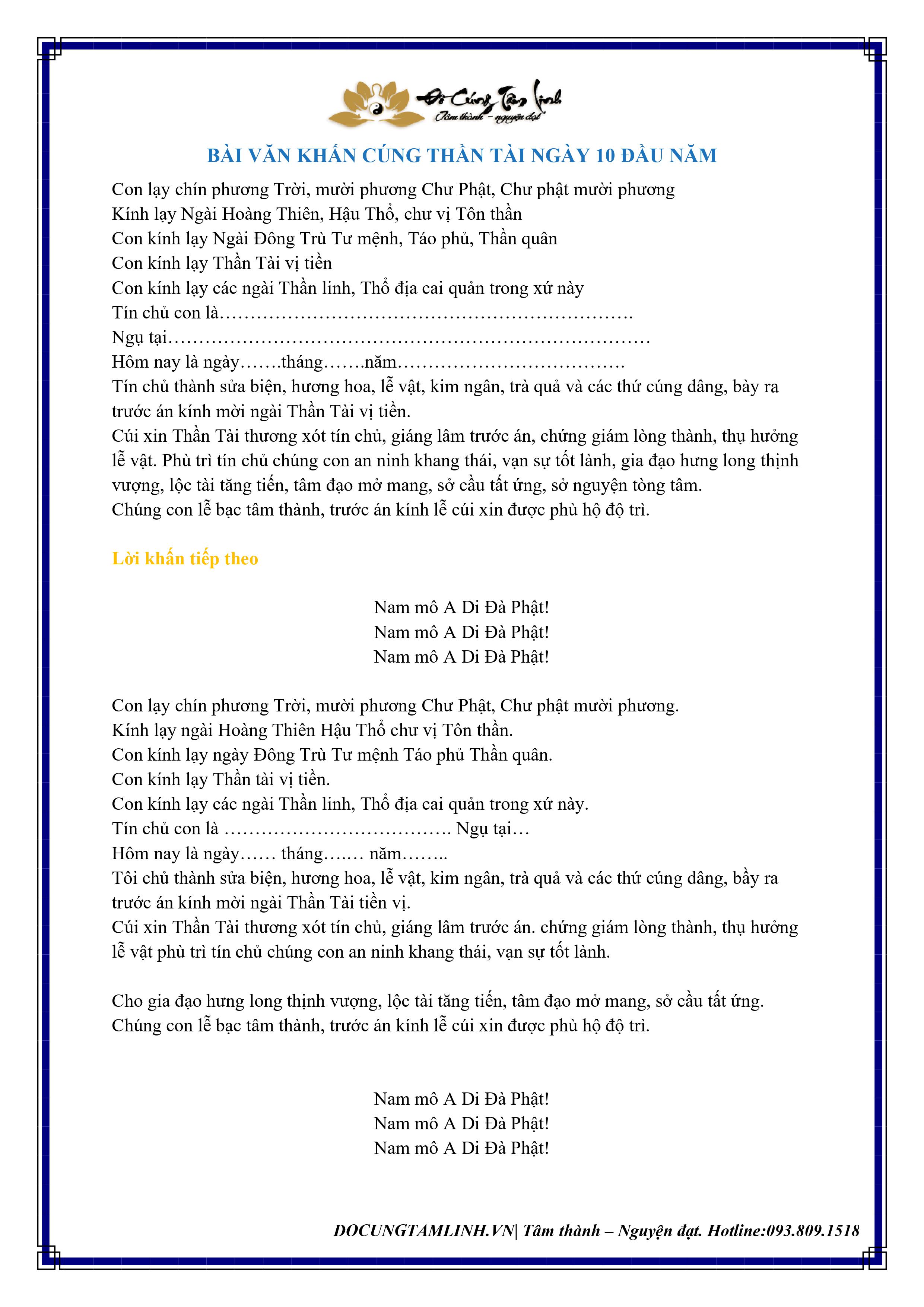 BÀI VĂN KHẤN CÚNG THẦN TÀI THỔ ĐỊA ĐẦU NĂM