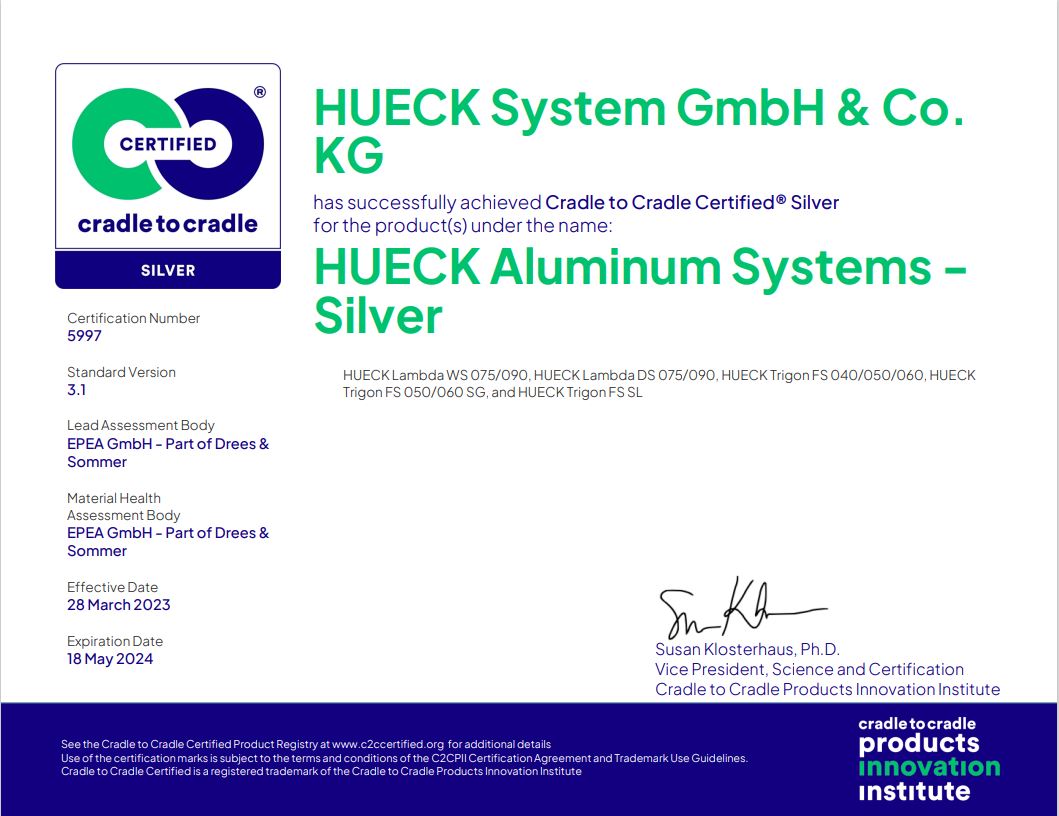 Hệ sản phẩm cửa sổ/cửa đi Lambda WS/DS 075/090 và Trigon FS của Hueck đạt chứng nhận Bạc Cradle to Cradle