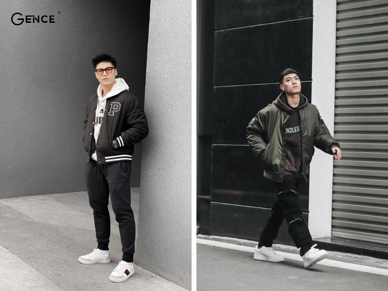 Áo bomber kết hợp với giày trắng cho nam