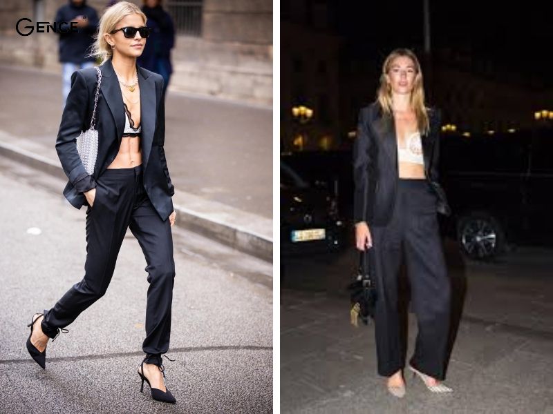 Phối áo bra ống với bộ vest nữ tính và phá cách