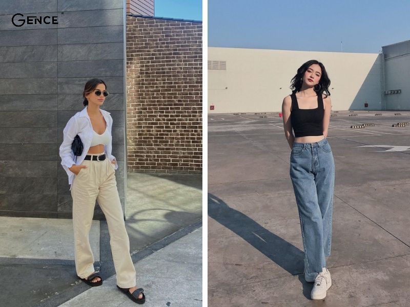 Mix áo bra bản rộng với quần jean thanh thoát