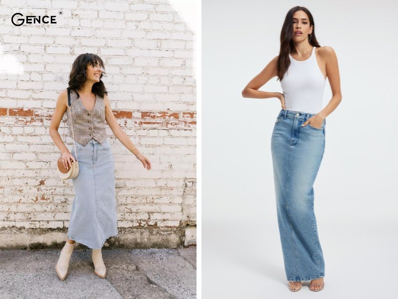 Áo cổ yếm phối đồ với chân váy jean dài