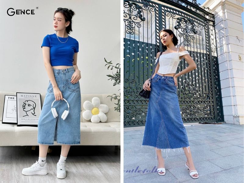 Áo croptop mix với chân váy jean dài