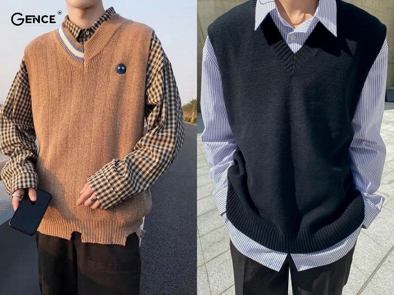 Áo gile nam len cùng sơ mi kẻ trẻ trung, nổi bật