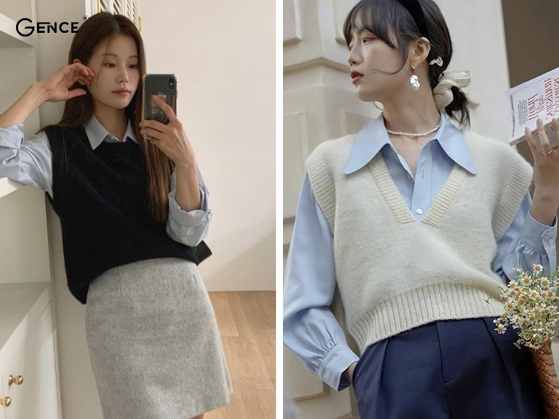 Áo gile phối với áo sơ mi xanh dương nữ