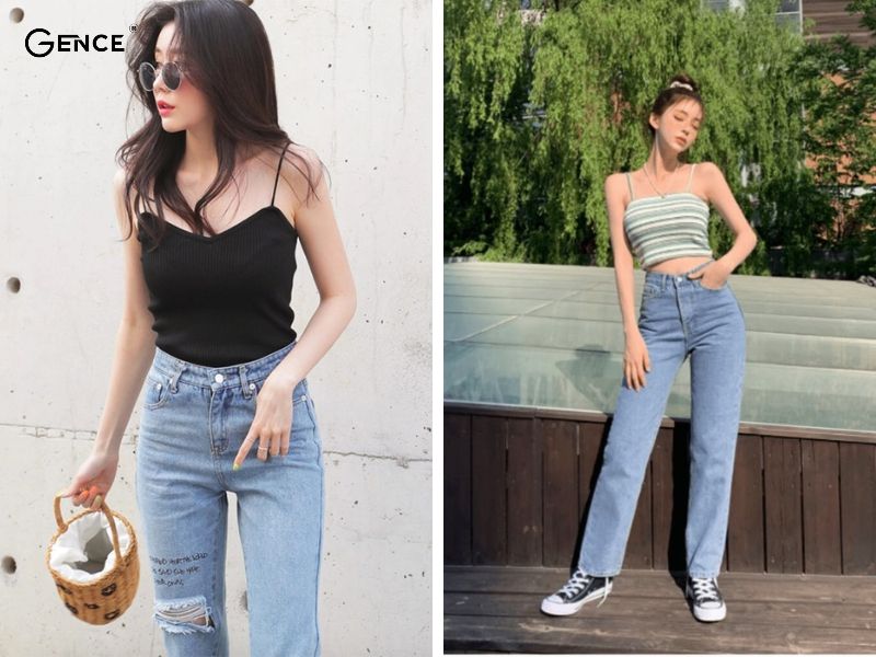 Áo hai dây mix với quần jean nữ