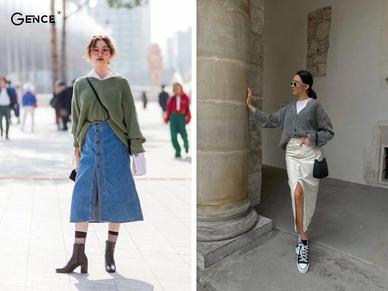 Áo len mỏng kết hợp với chân váy jean dài