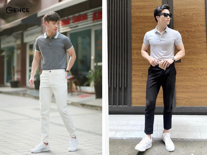 Áo polo mix cùng giày trắng cho nam