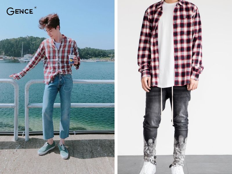 Áo sơ mi caro và quần jean tạo phong cách độc lạ