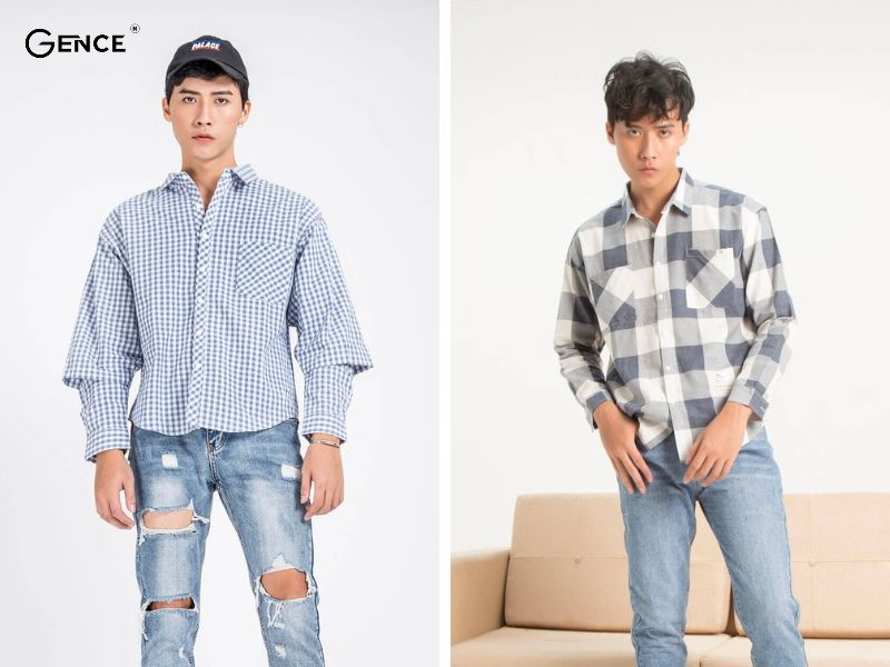 Áo sơ mi họa tiết và quần denim phù hợp cho chuyến đi du lịch