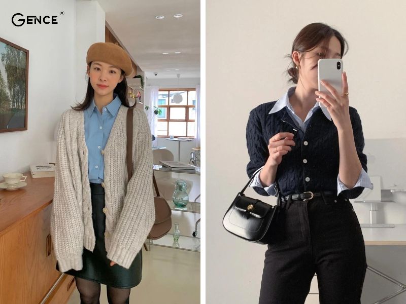Áo sơ mi kết hợp cùng cardigan cho chị em