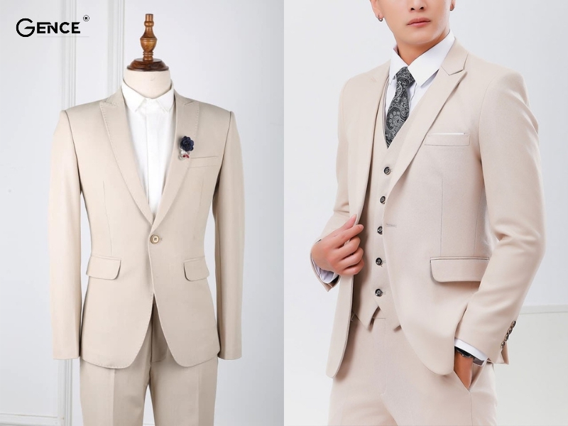 Áo sơ mi nam trắng với bộ vest màu kem tham gia sự kiện lớn