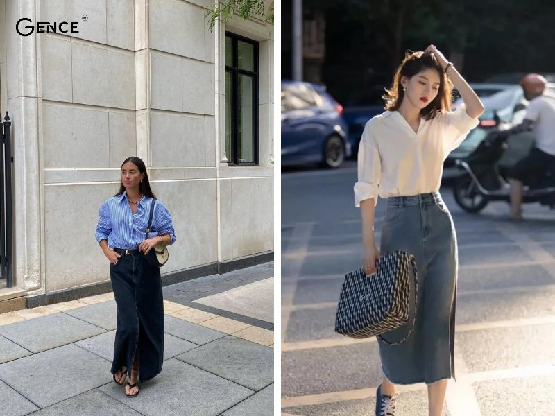 Áo sơ mi thanh lịch phối với chân váy jean dài