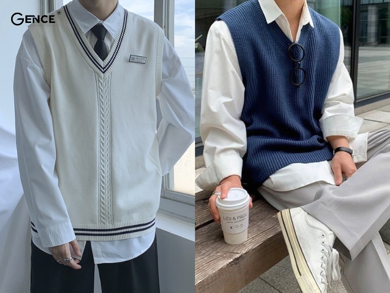 Áo sơ mi trơn kết hợp với gile len phù hợp với mọi chàng trai