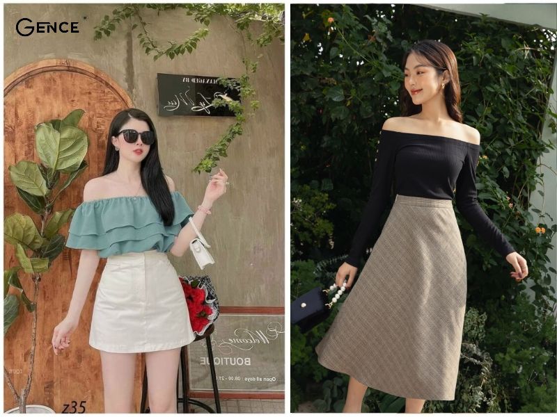 Áo trễ vai nữ tính phối cùng chân váy chữ A