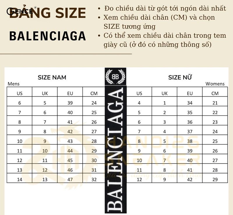 Bảng cỡ giày Balenciaga cho nữ được áp dụng rộng rãi