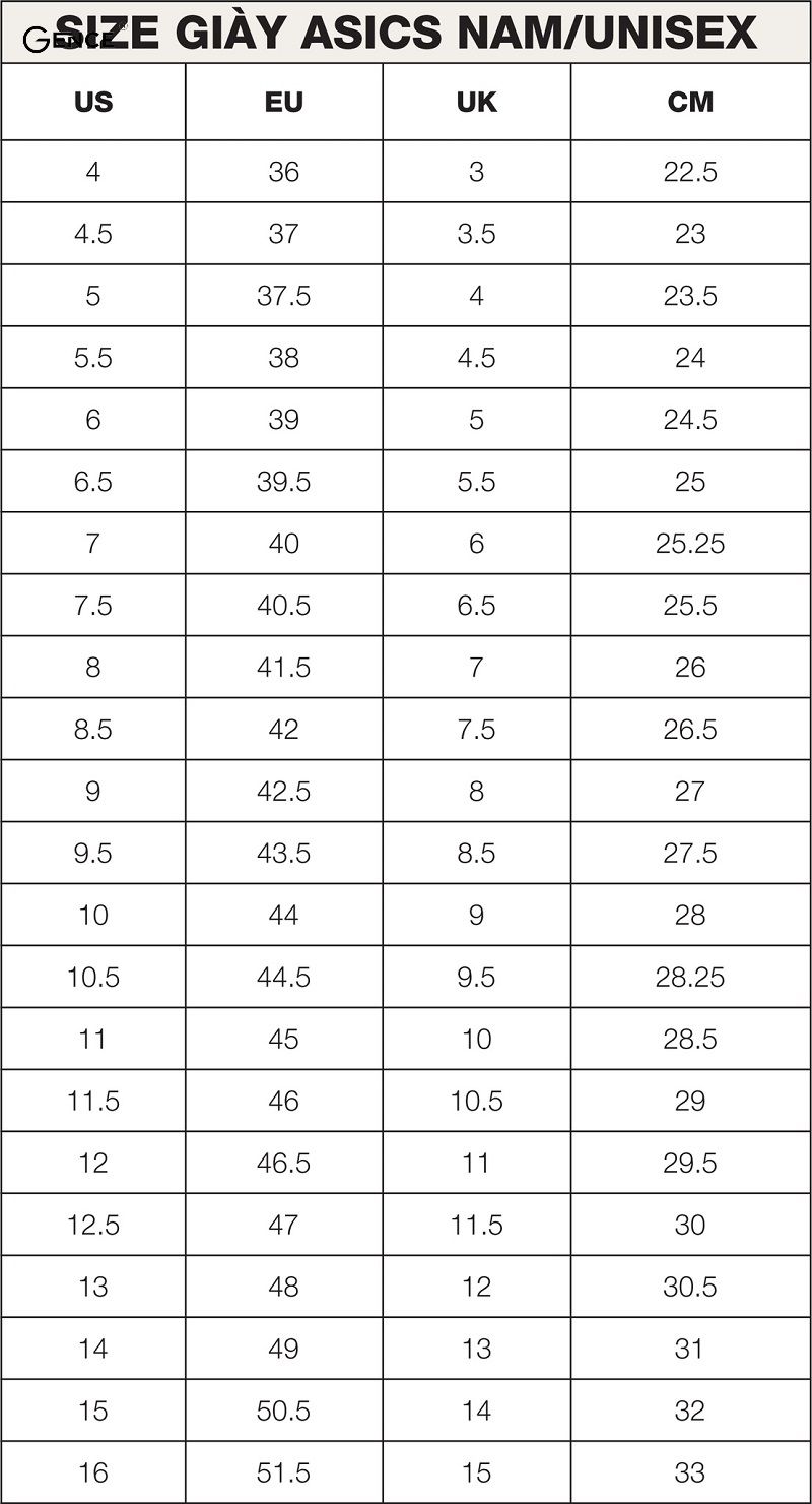Bảng cỡ giày cho nam của thương hiệu Asics