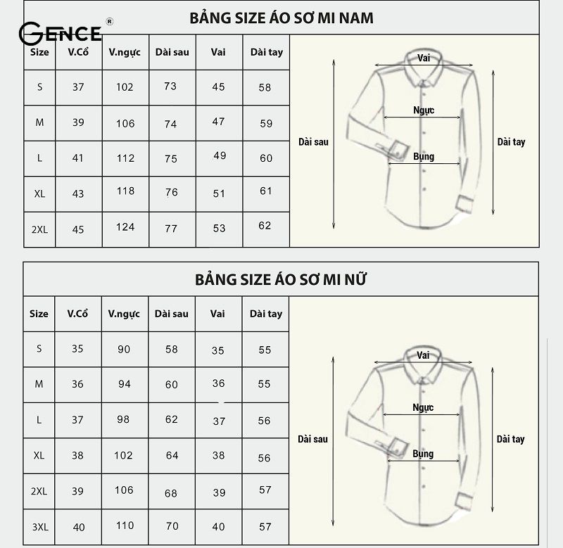 Bảng size áo sơ mi cho nam theo chữ