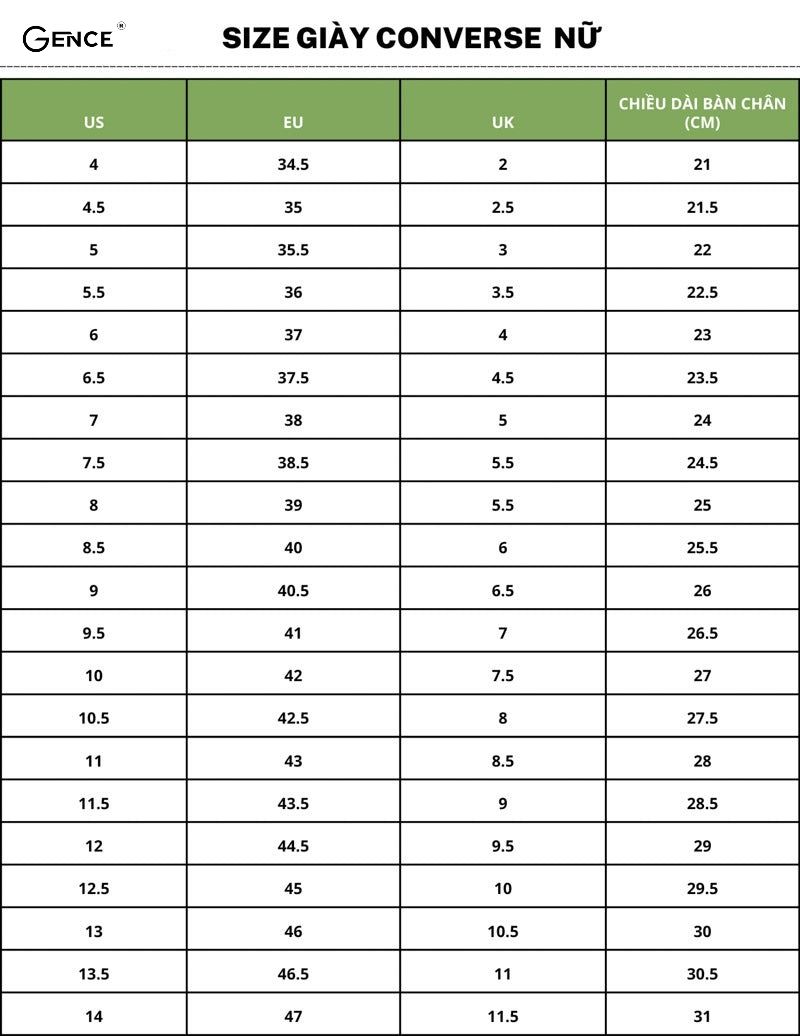Bảng size giày Converse cho nữ chuẩn nhất