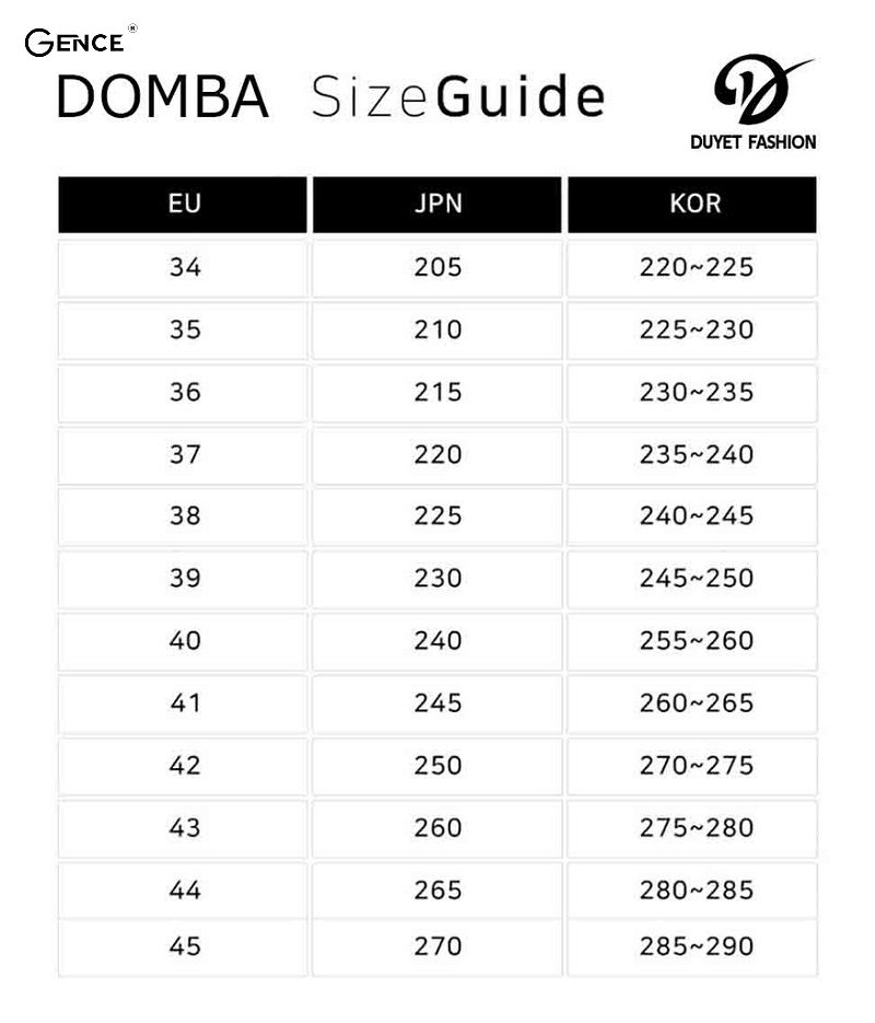 Bảng size giày Domba cho nữ