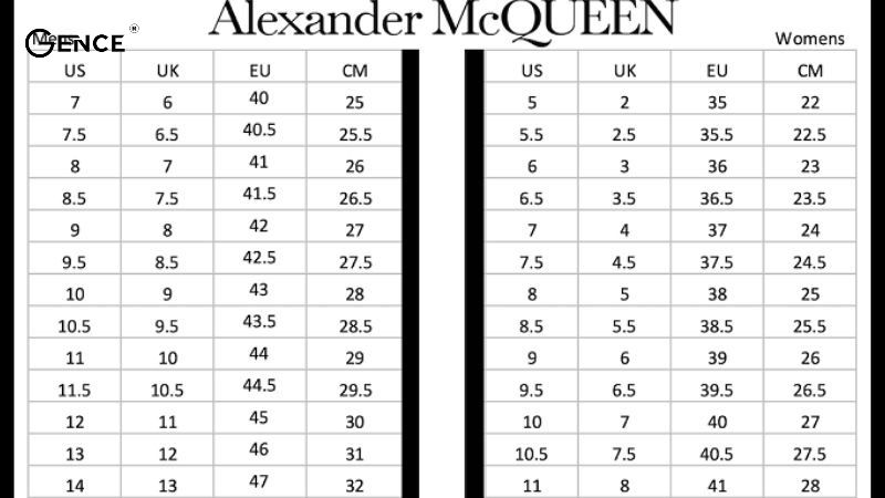 Bảng size giày nữ MCqueen đúng chuẩn