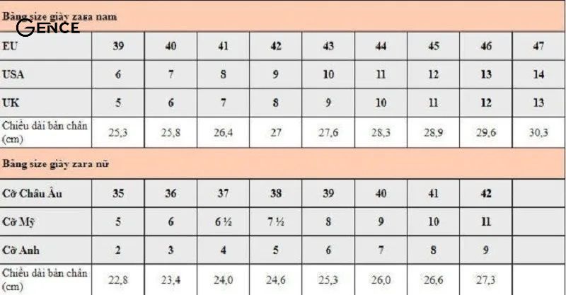 Bảng size giày Zara cho nữ chuẩn