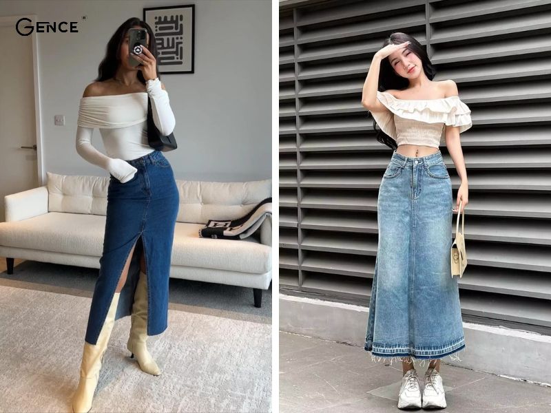 Bộ đôi áo trễ vai và chân váy jean dài được ưa chuộng