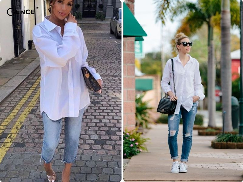 Phối áo sơ mi oversize cùng quần jean basic