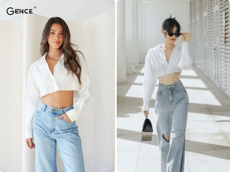 Áo croptop trắng phối cùng quần jean thể hiện cá tính