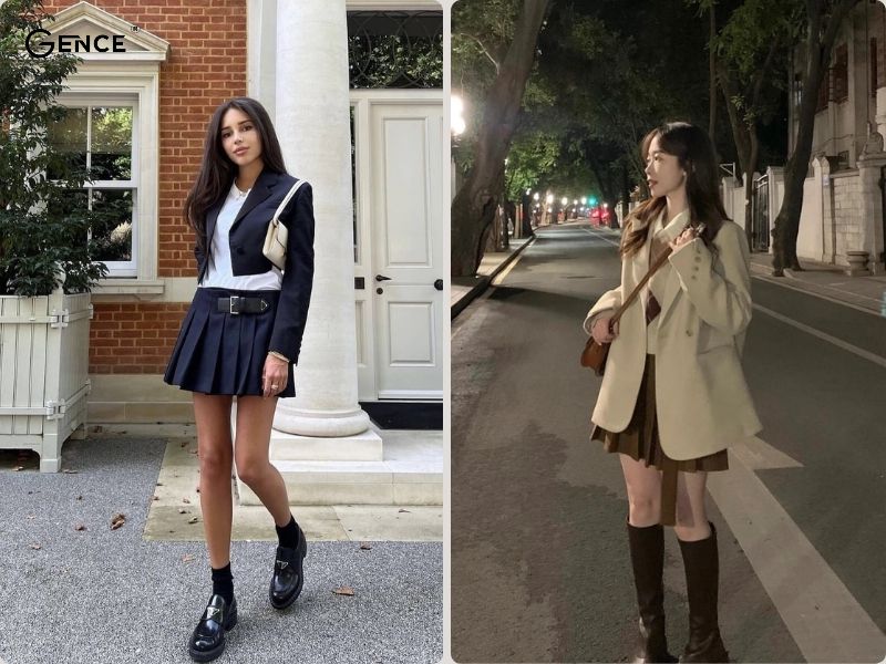 Áo blazer phối cùng chân váy tennis cá tính cho nữ