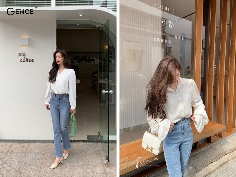 Cách phối đồ nữ với quần jean với áo blouse