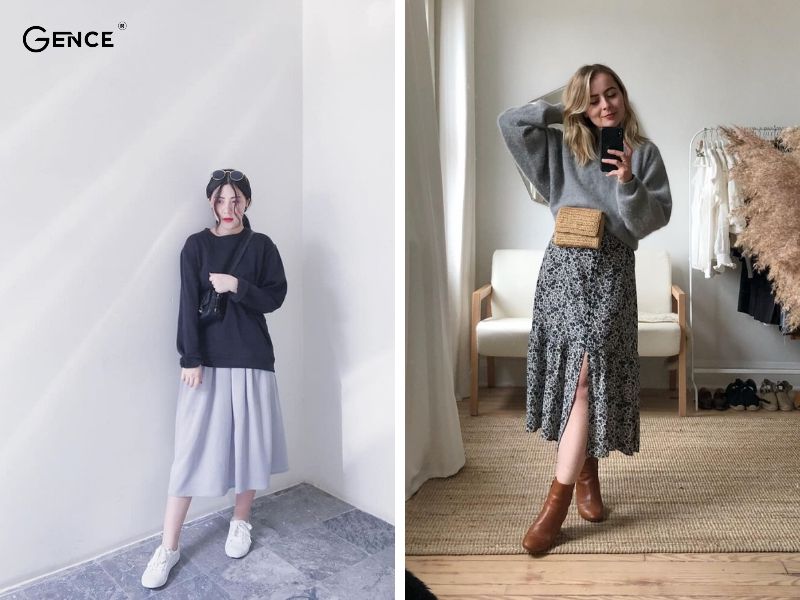 Kết hợp sweater và chân váy midi với nhiều phong cách