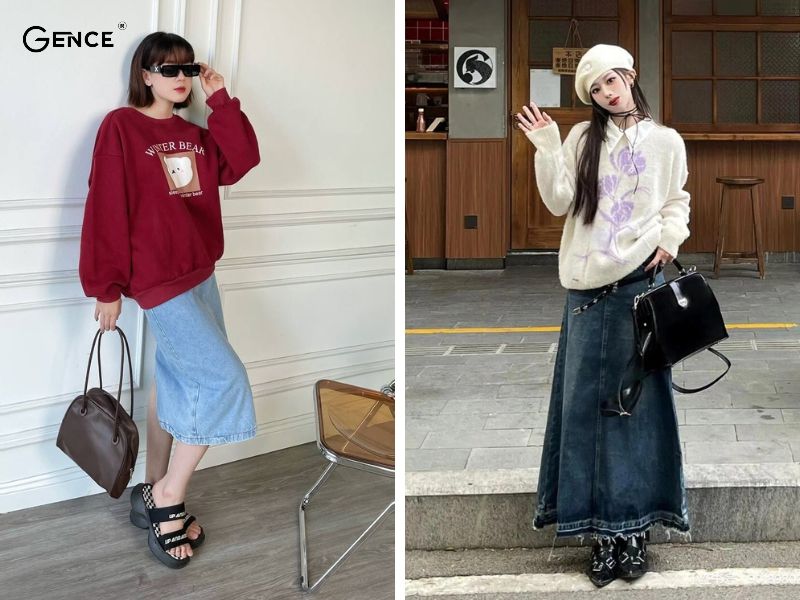 Cá tính cùng nàng khi kết hợp chân váy jean với sweater nữ