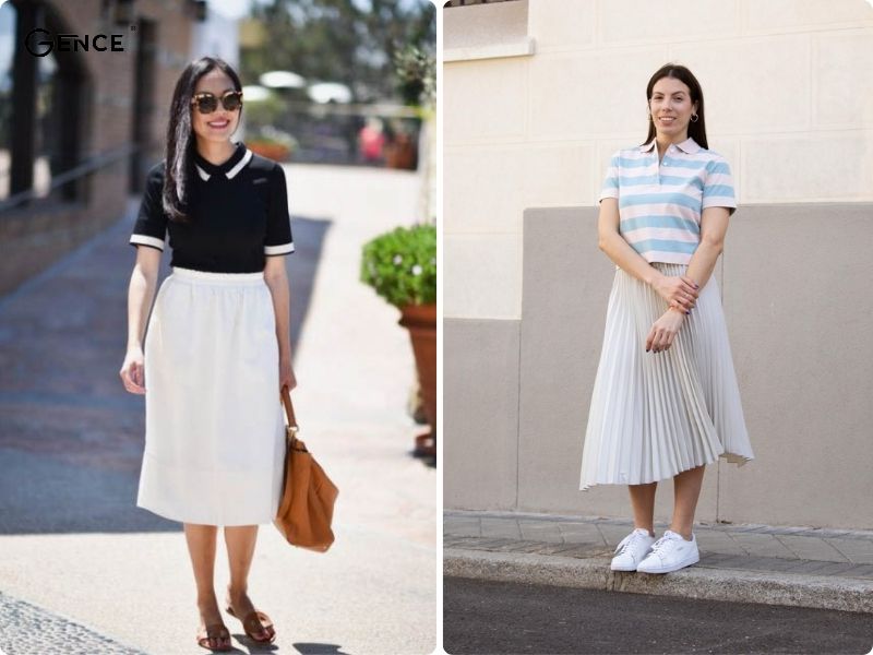 Phối áo polo cùng chân váy dài màu trắng