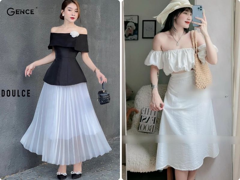 Áo trễ vai phối cùng chân váy trắng thanh lịch, duyên dáng