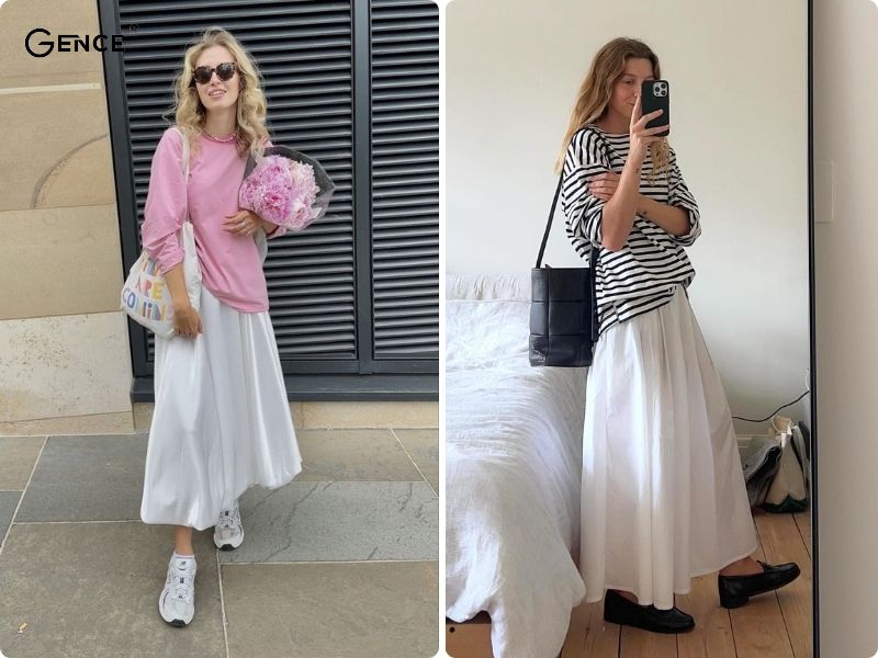 Áo thun phối cùng chân váy trắng dài thể hiện phong cách nhẹ nhàng