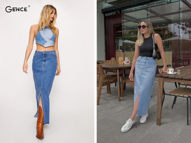 Cách phối đồ với chân váy jean dài với áo hai dây