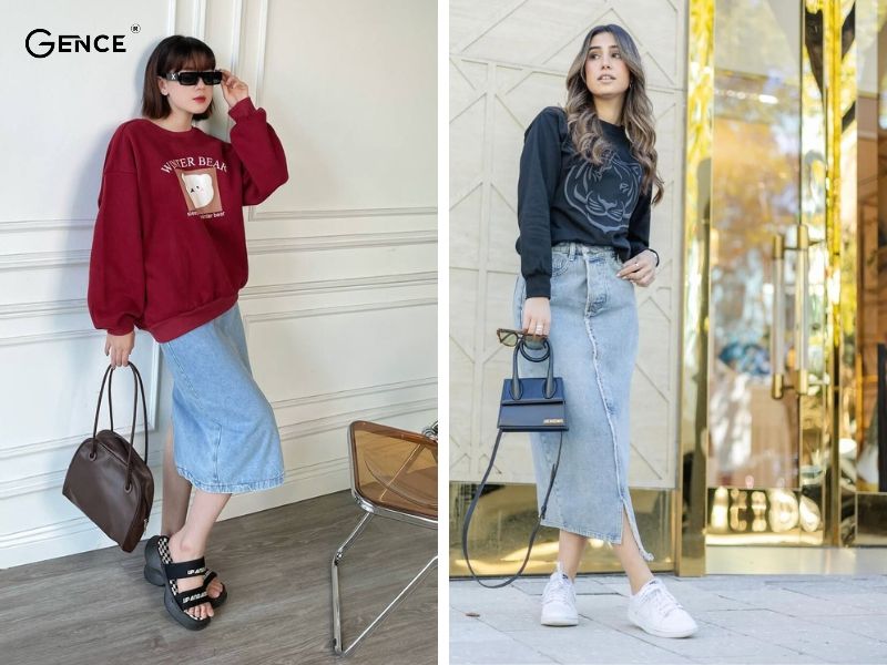 Cách phối đồ với chân váy jean dài với áo sweater
