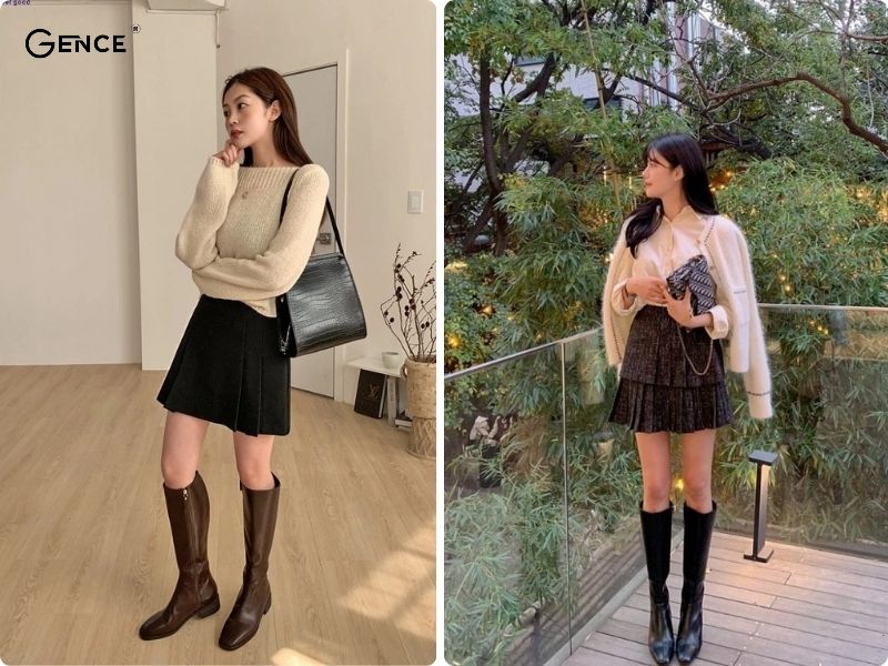 Giày boot nữ cổ cao phối cùng chân váy ngắn cho cô nàng thêm trẻ trung