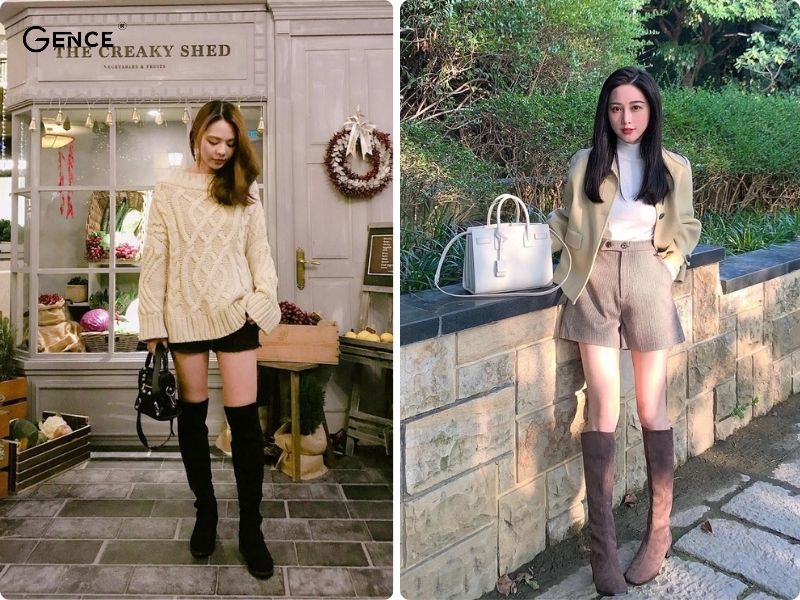 Quần short là item phối cùng giày boot nữ cổ cao phổ biến