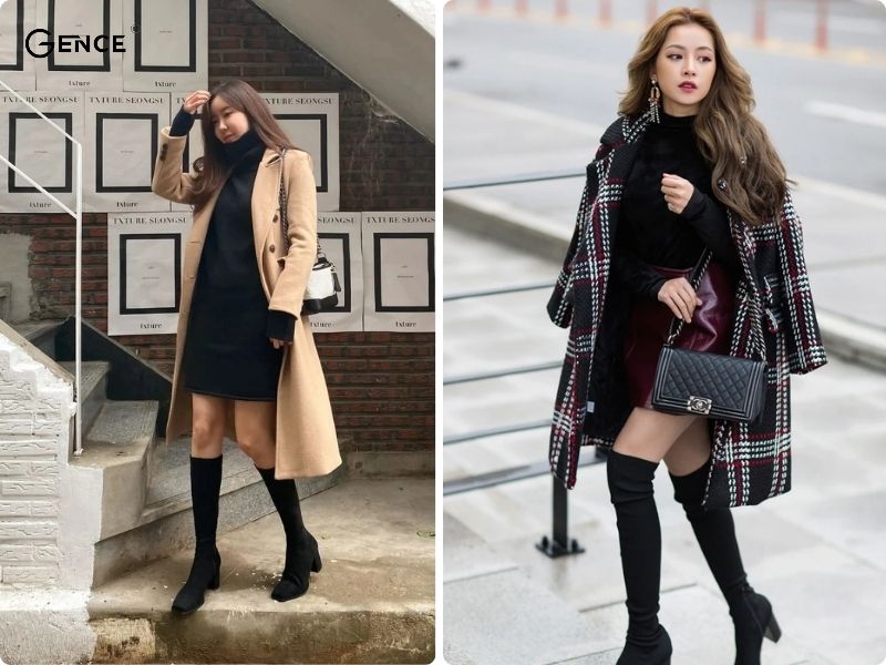 Áo khoác dáng dài sang chảnh phối cùng giày boot nữ cao cổ
