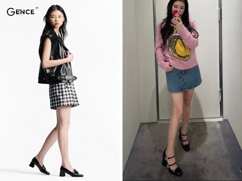 Chân váy ngắn kết hợp với giày cao gót đế vuông hoàn hảo