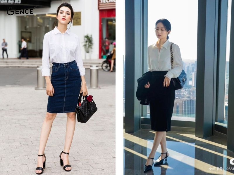 Chân váy bút chì mix-match cùng giày cao gót đế vuông