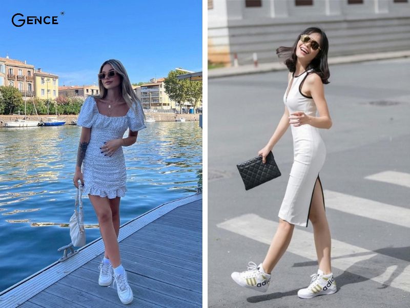 Nữ tính với váy liền thân và giày thể thao trắng