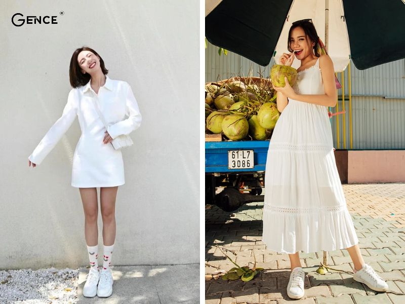 Đừng bỏ qua set đồ đầm suông kết hợp với giày trắng