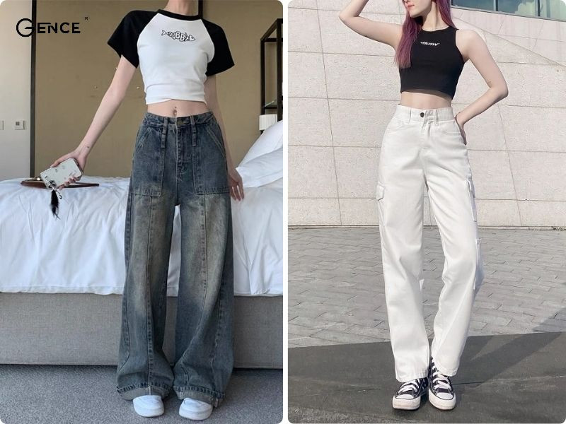 Quần jean ống rộng cạp cao là lựa chọn tối ưu cho nấm lùn