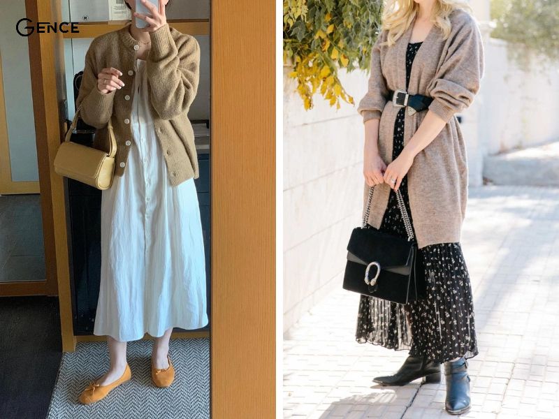 Cardigan nữ dài kết hợp với váy liền