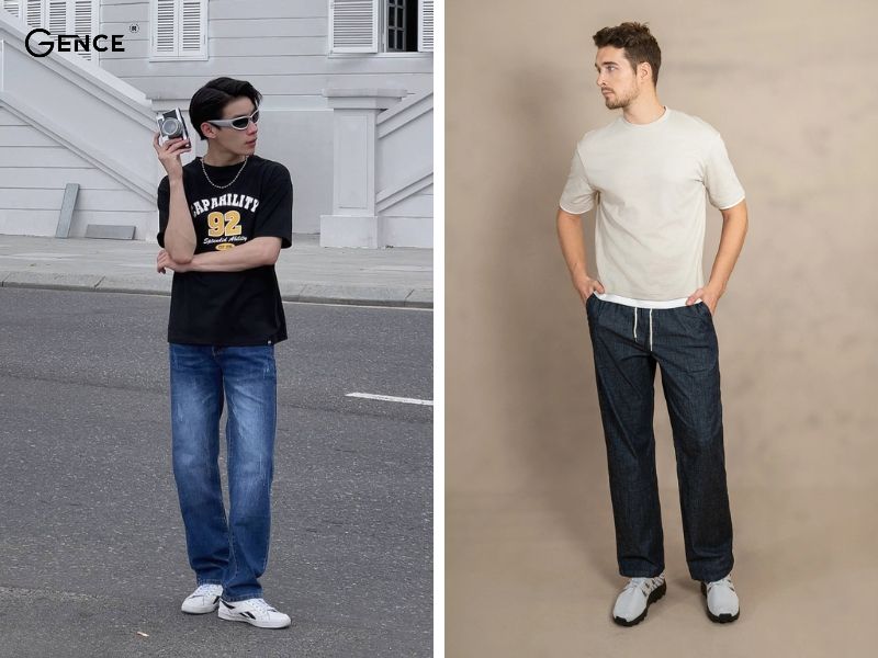 Quần jean ống rộng kết hợp với áo phông