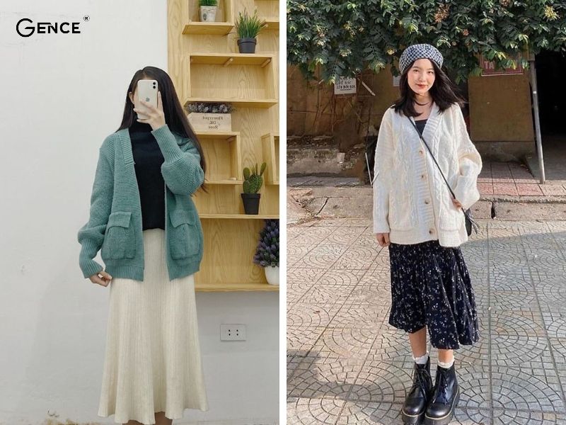 Chân váy dài mix với áo cardigan cho nữ